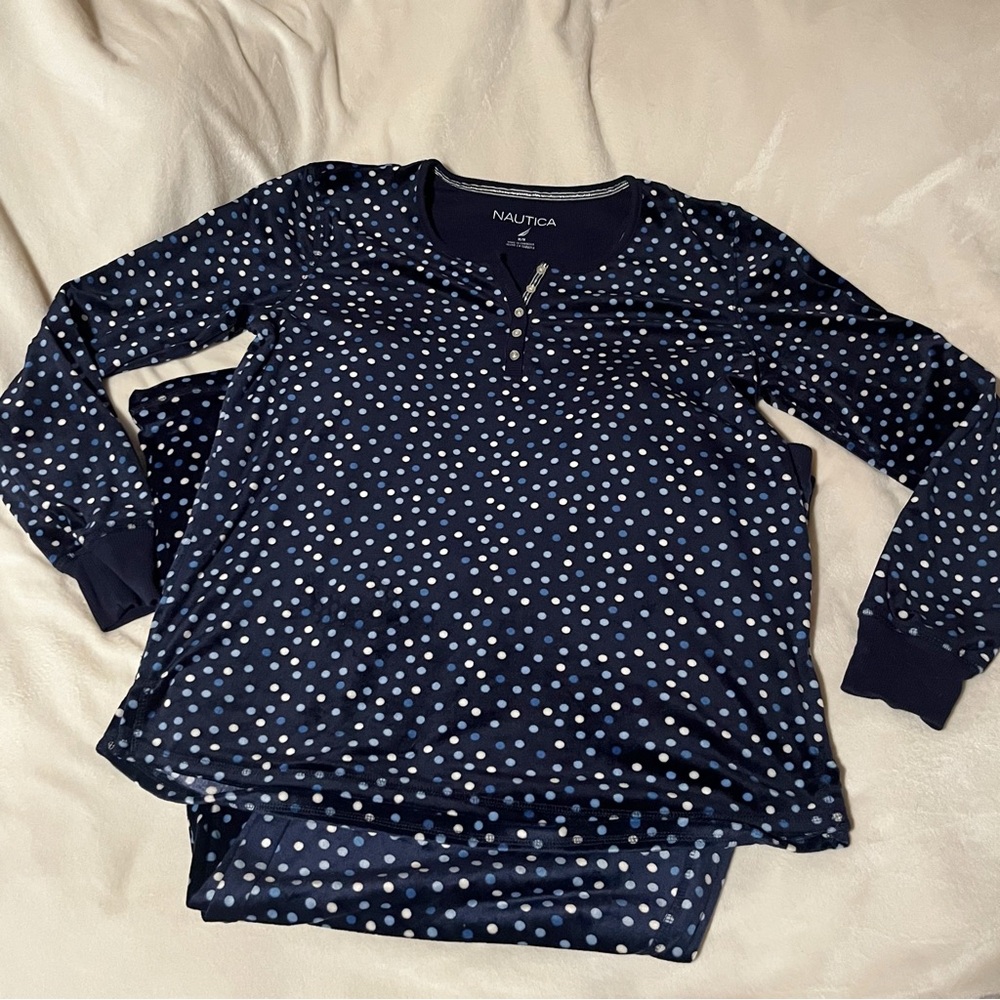 Nautica Womens M Pajama Set Navy Blue Polka Dot Long Sleeve Henley